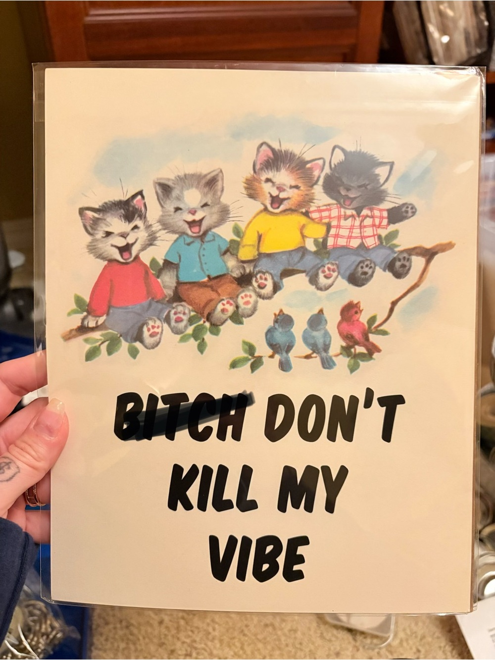 Vintage Style Kittens "Don't Kill My Vibe" Print - Cream Background